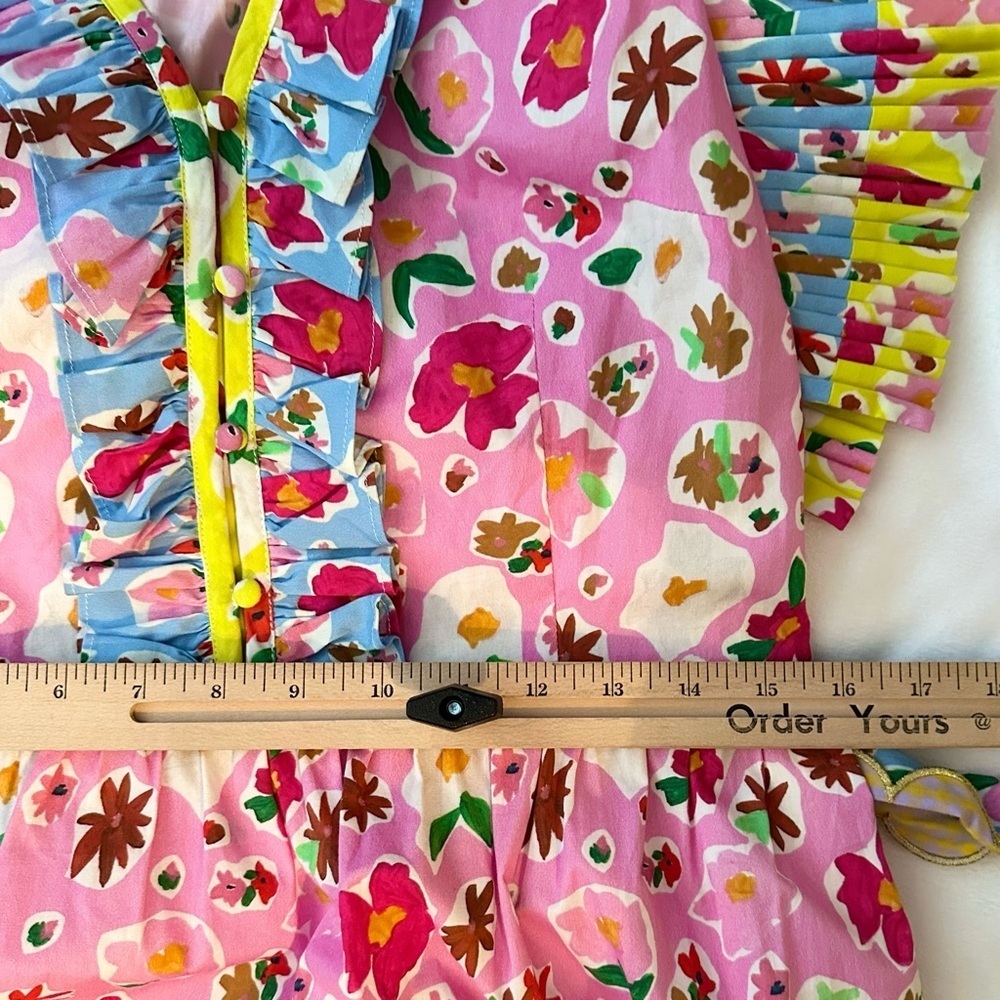 Celia B Topaz Midi Dress M Tiered Belted Flutter Slv Vibrant Colorful Party Fun - Picture 7 of 11